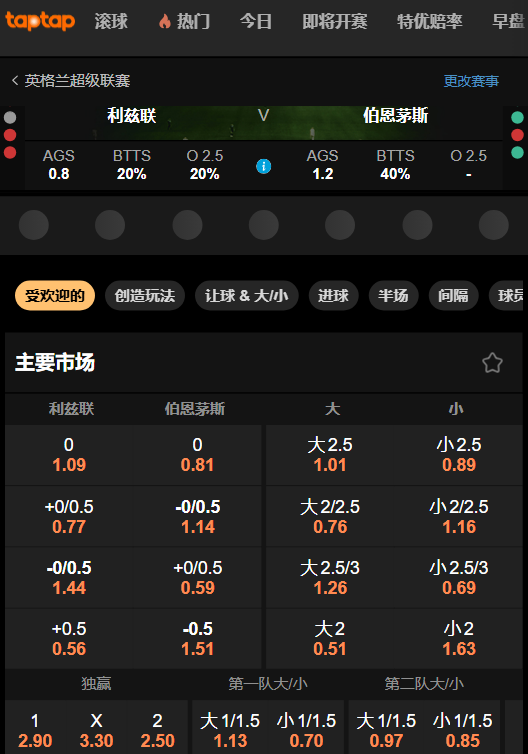 利兹联 vs 伯恩茅斯-188bet的赔率数据