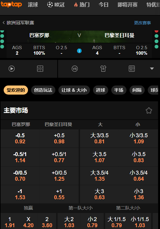 巴塞罗那 vs 巴黎圣日耳曼-188金宝博的赔率盘口
