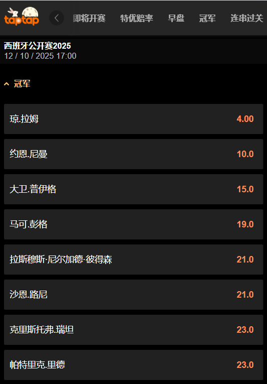 西班牙公开赛-188bet(taptap)的赔率盘口信息