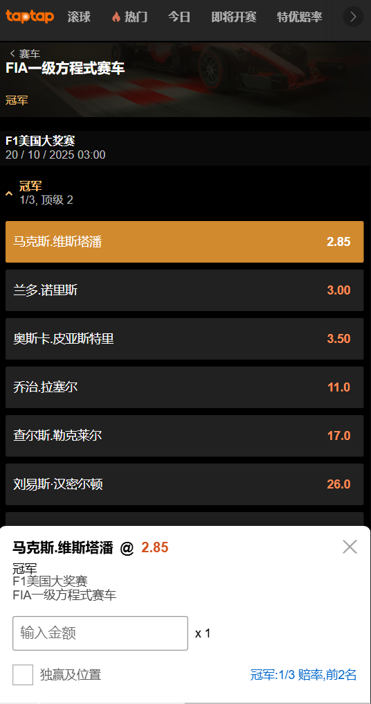 F1美国大奖赛2025-188bet(taptap)的赔率盘口数据