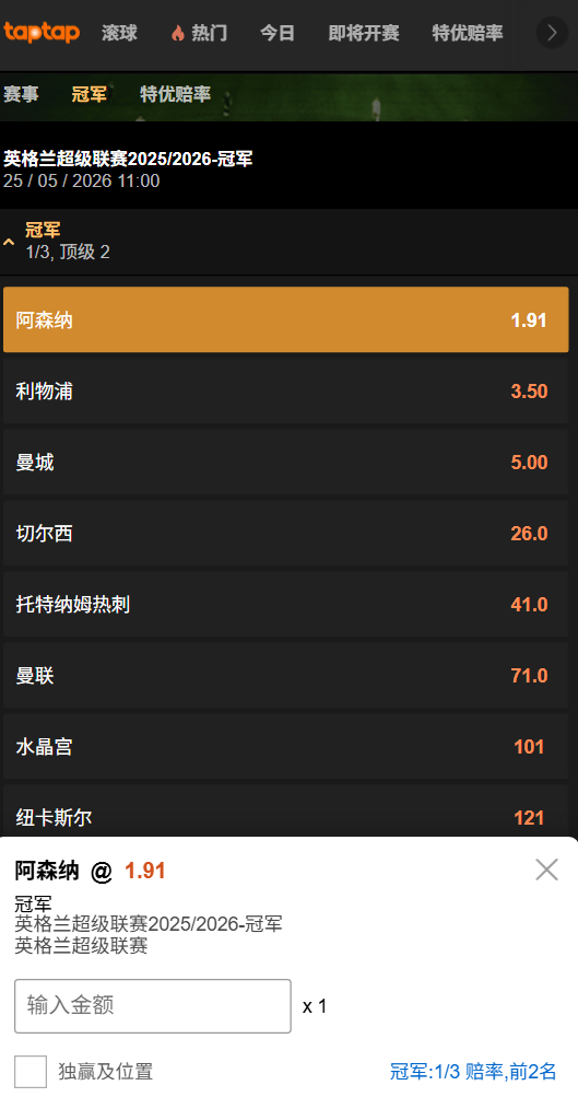 本赛季英超冠军赔率-阿森纳1.91-数据来自188bet(taptap)