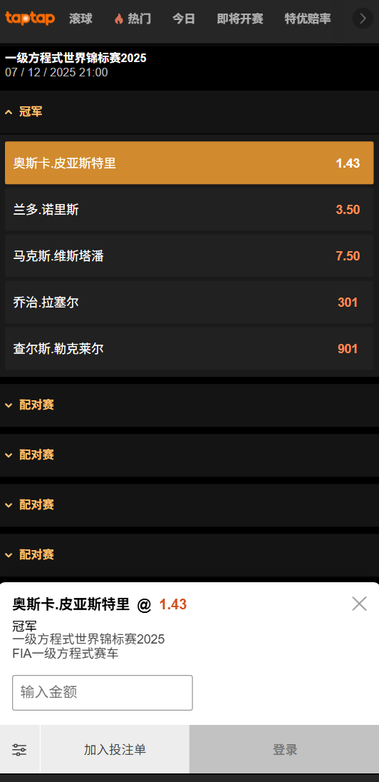 2025年F1夺冠赔率-盘口数据来自于188bet(taptap)