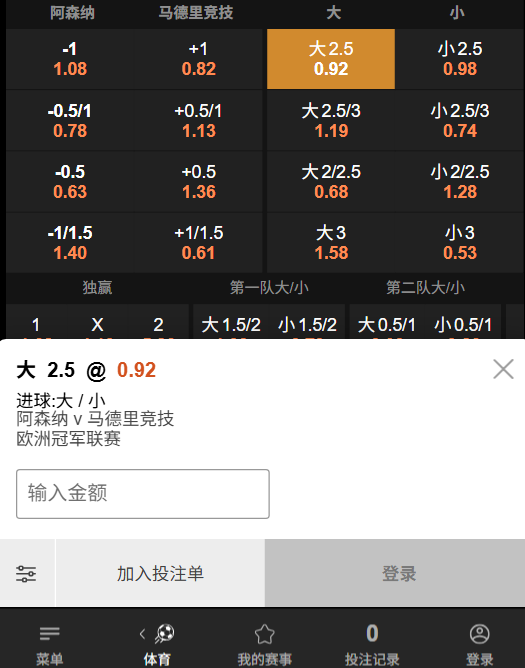 阿森纳 vs 马德里竞技-大2.5球-188bet(taptap)的赔率信息