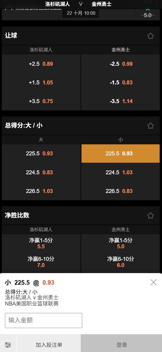 湖人 vs 勇士 - NBA揭幕战 - 大小分赔率和盘口数据-188bet(taptap)