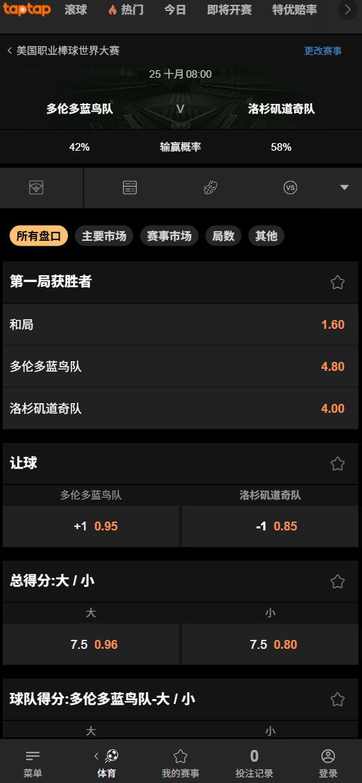 多伦多蓝鸟 vs 洛杉矶道奇 - 2025世界大赛 - 188bet(taptap)的赔率