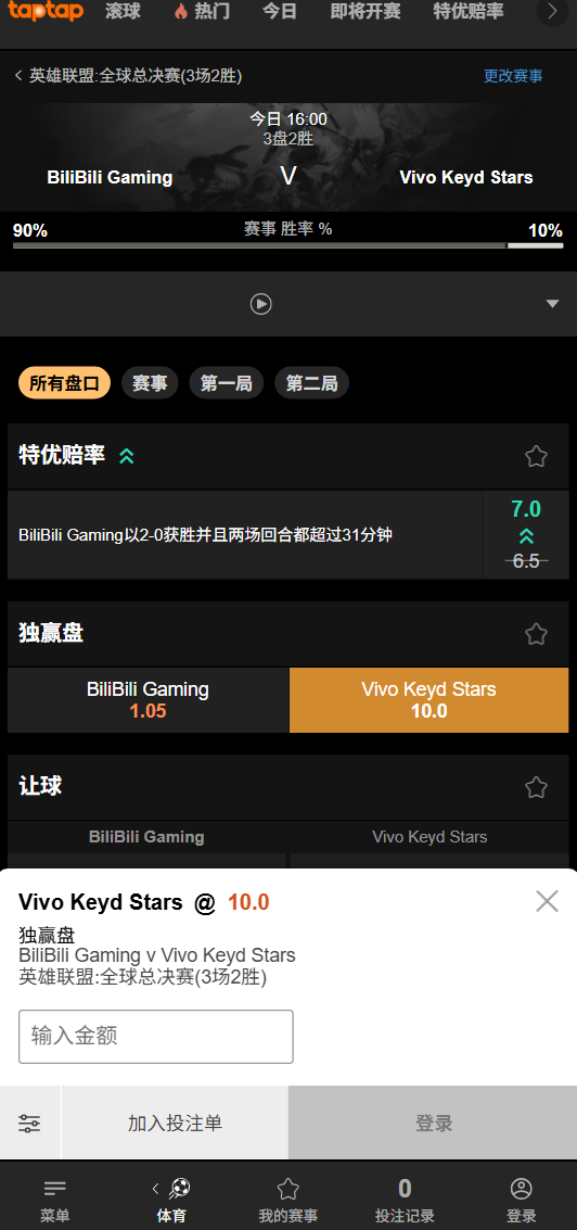 BLG对战VKS - 188bet(taptap)的赔率盘口数据