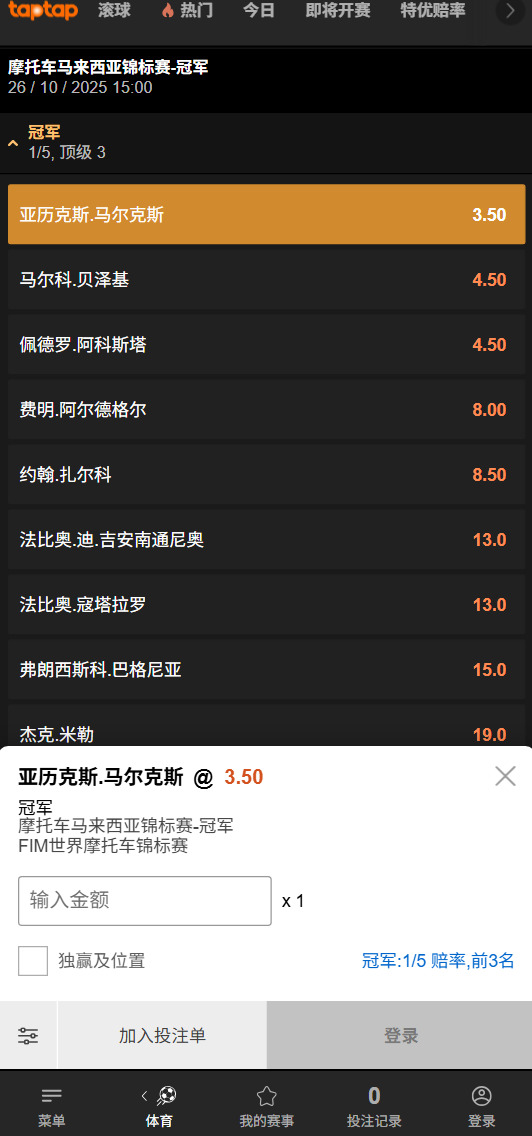 MotoGP马来西亚大奖赛 - 188bet(taptap)的赔率数据