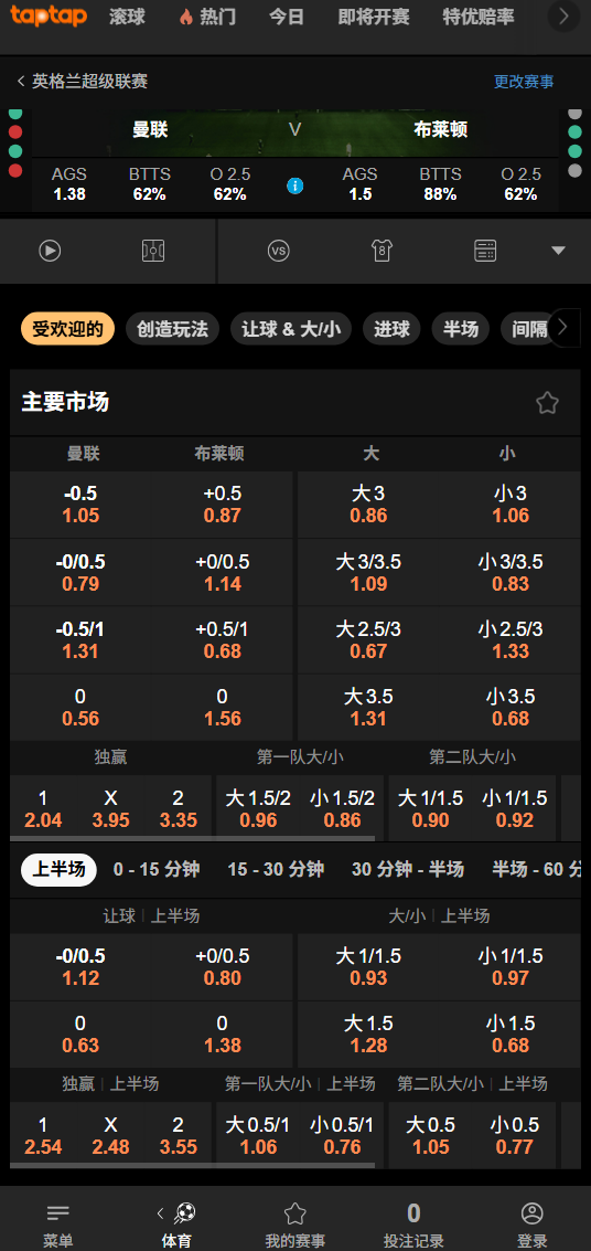 曼联 vs 布莱顿 - 188bet(taptap)的英超赔率数据