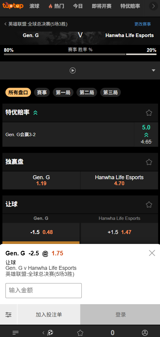 GEN vs HLE|赔率数据 188bet(taptap)