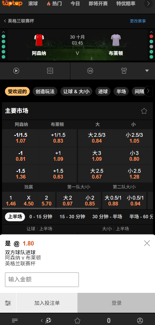 阿森纳 vs 布莱顿 - 英格兰联赛杯 - 双方球队进球 - 188bet(taptap)赔率