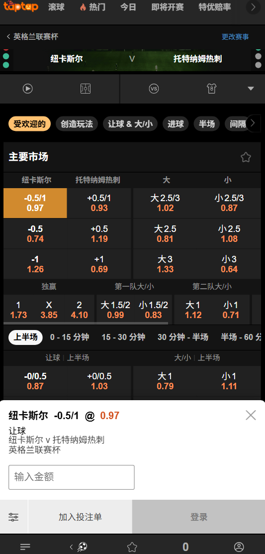 纽卡斯尔联 vs 热刺 - 188bet的赔率数据