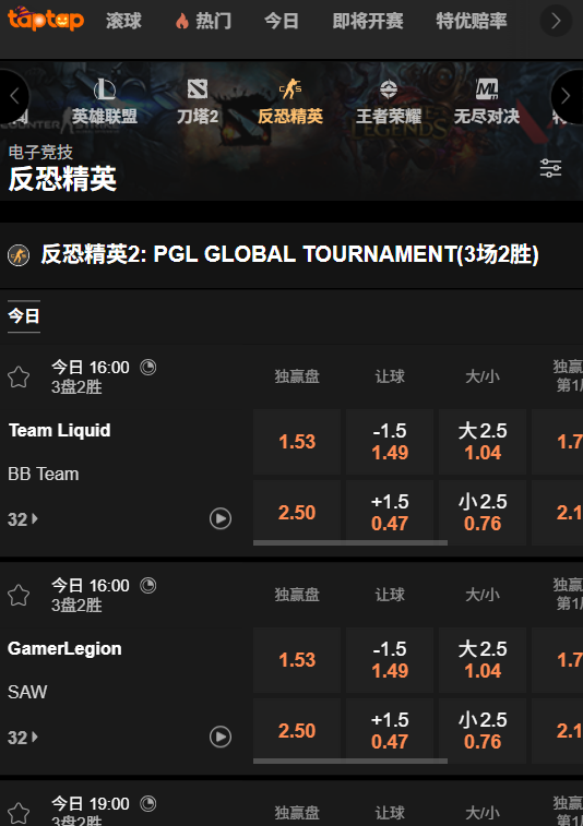 CS2的赔率数据 - 188bet(taptap)