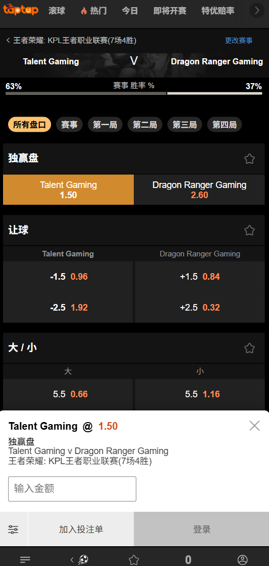 TTG vs DRG - 王者荣耀赔率和盘口信息 - 188bet(taptap)