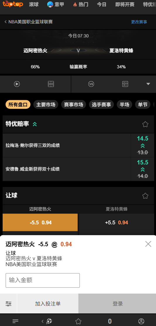 热火 vs 黄蜂 - NBA赔率数据 - 188bet(taptap)