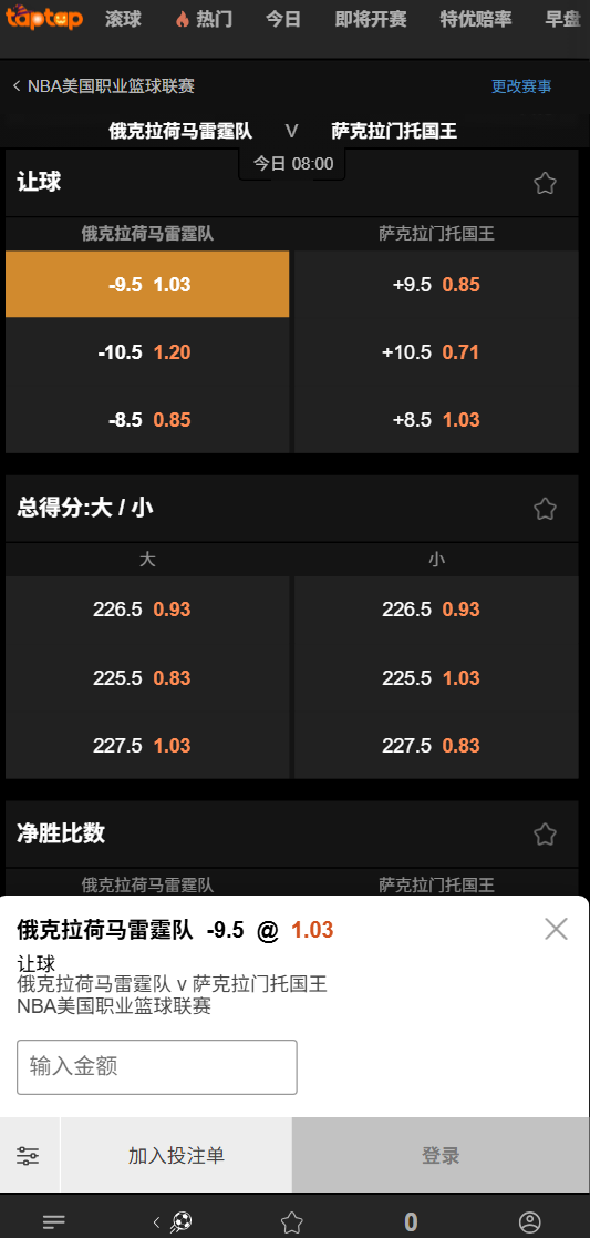 雷霆 vs 国王 - NBA赔率和盘口 - 188bet(taptap)