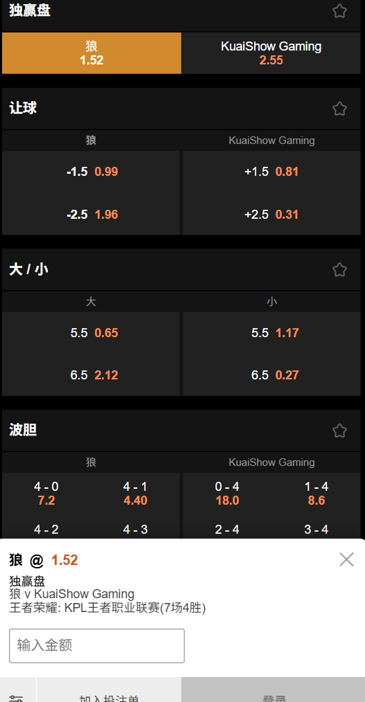 王者荣耀-重庆狼队 vs 快手战队 - 188bet(taptap)的赔率数据