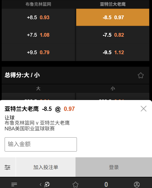 老鹰 vs 篮网|NBA常规赛赔率 - 188bet(taptap)数据