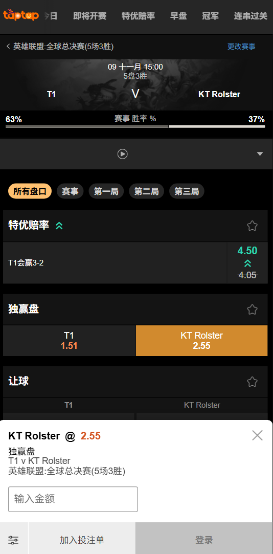 英雄联盟全球总决赛-KT获胜赔率-188bet(taptap)