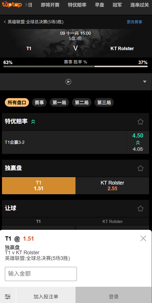 英雄联盟全球总决赛-T1获胜赔率-188bet(taptap)的数据