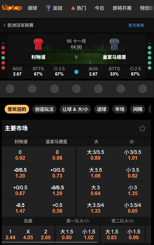利物浦 vs 皇家马德里 - 欧冠赔率 - 188bet(taptap)的数据