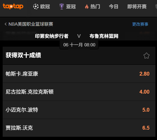 步行者 vs 篮网 | 球员表现投注 - 188bet(taptap)数据