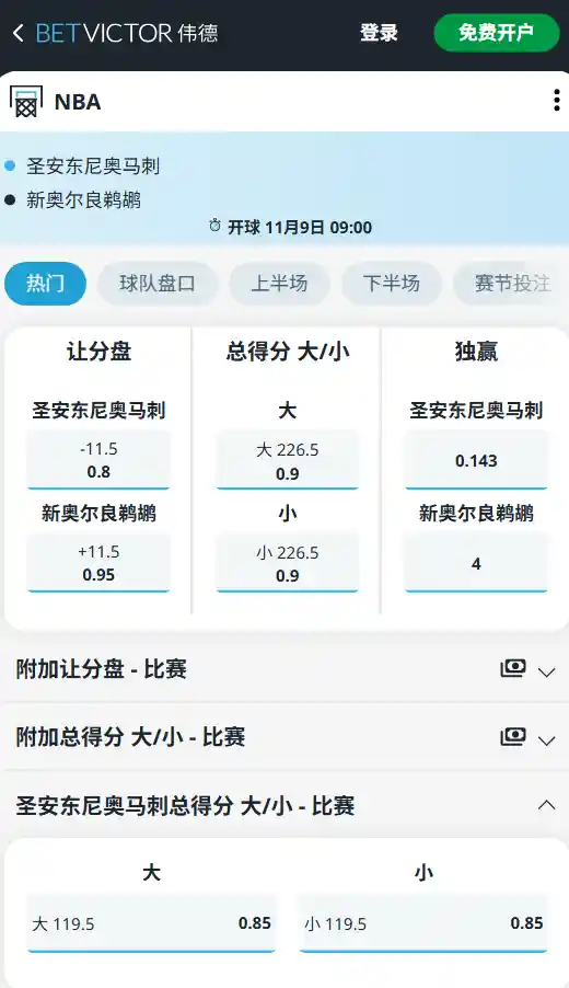 马刺 vs 鹈鹕｜NBA常规赛博彩赔率信息 - 数据来自韦德betvictor