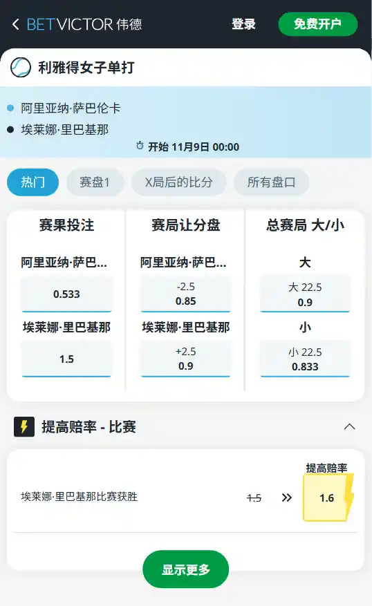 萨巴伦卡 vs 里巴基娜 | WTA年终总决赛赔率 -数据来自伟德betvictor