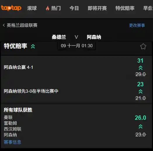 桑德兰 vs 阿森纳 - 英超高水位赔率盘口-数据来自188bet(taptap)