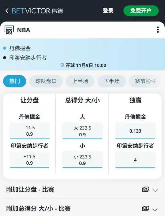 步行者 vs 掘金 | NBA博彩赔率盘口-韦德betvictor数据
