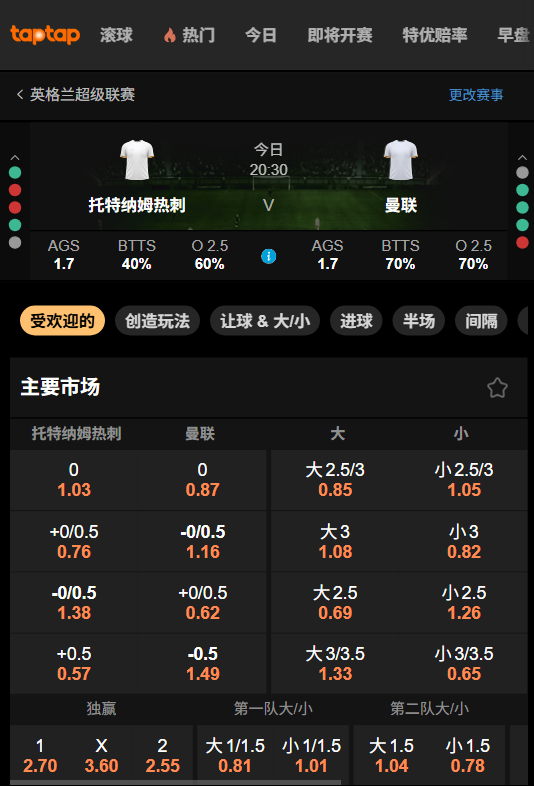 热刺 vs 曼联 - 英超赔率和盘口 -188bet(taptap)数据