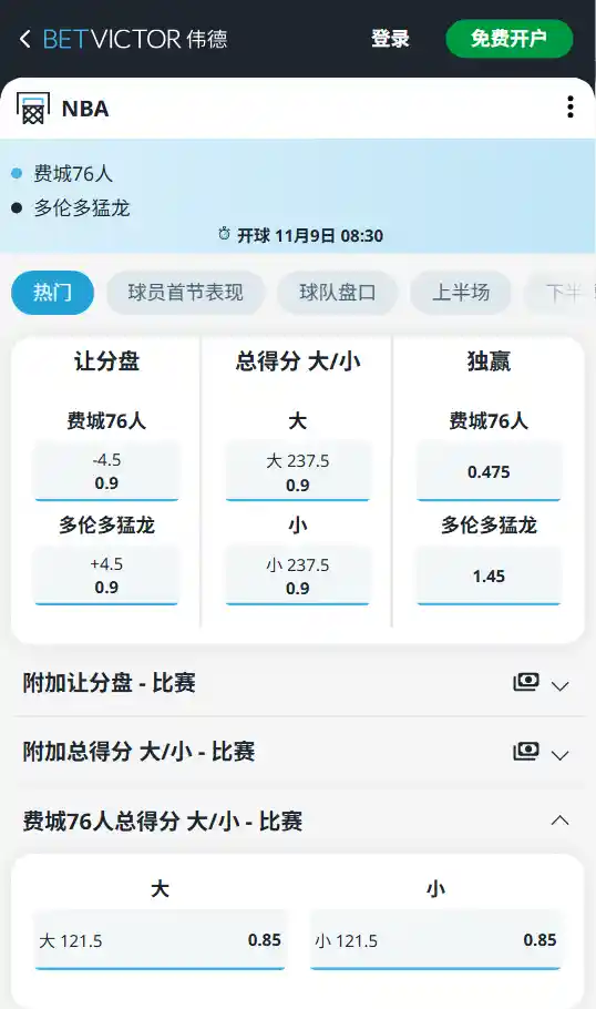 猛龙 vs 76人 | NBA常规赛赔率-数据来自韦德(betvictor)