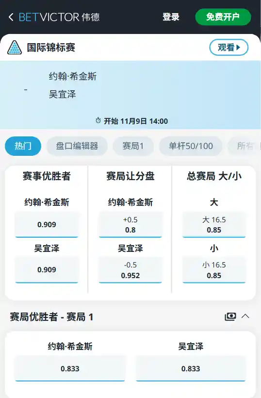 希金斯 vs 吴宜泽｜2025斯诺克国际锦标赛-伟德赔率