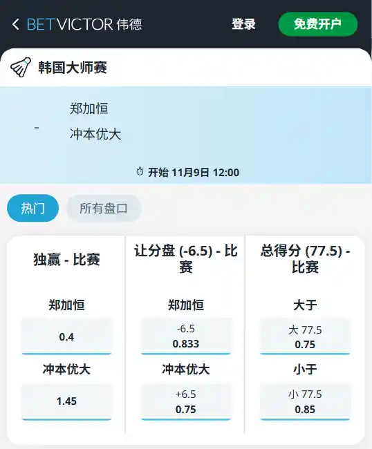 韩国羽毛球大师赛男单决赛：郑加恒 vs 冈本优大-伟德赔率