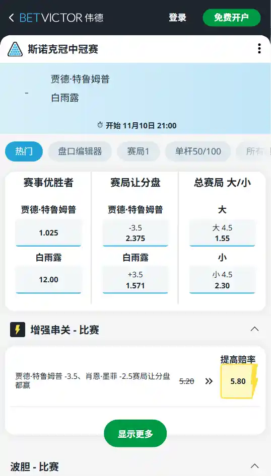 白雨露冠中冠首秀-赔率盘口-来自伟德(betvictor)