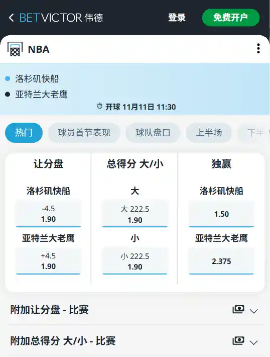 老鹰vs快船-NBA博彩赔率数据来自伟德(betvictor)