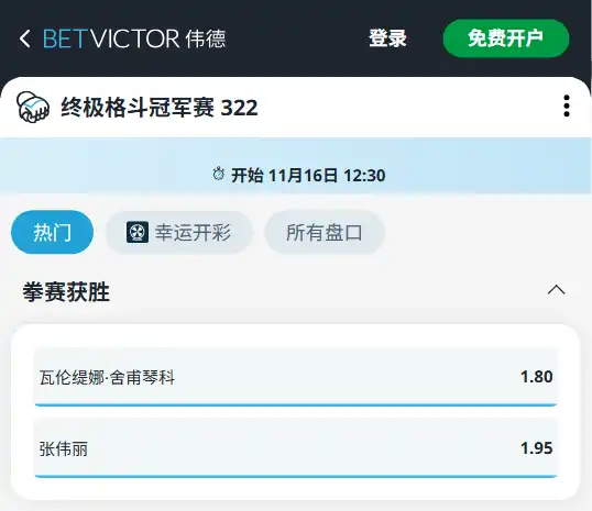 张伟丽 vs 舍普琴科 UFC322 - 伟德(betvictor)的赔率盘口数据