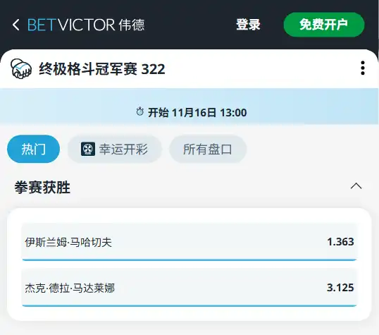 UFC322主赛的赔率盘口信息-由伟德(betvictor)提供