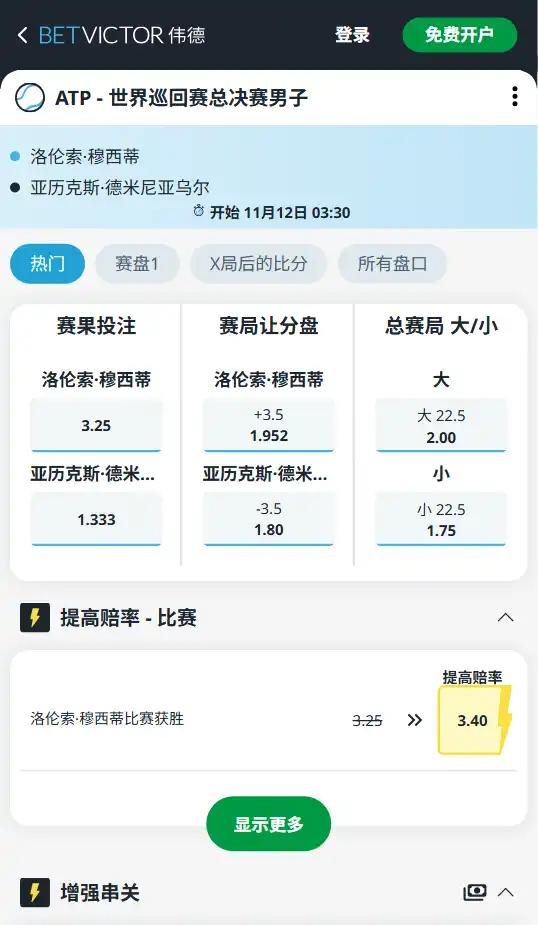 穆塞蒂 vs 德米纳尔｜ATP年终总决赛-赔率数据来自伟德(betvictor)