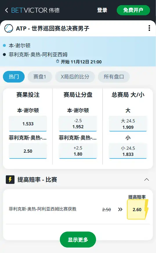 谢尔顿 vs 阿利亚西姆｜ATP年终总决赛、赔率数据来自伟德(betvictor)