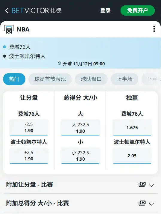 76人 - 凯尔特人 - NBA常规赛赔率盘口信息由伟德(betvictor)提供