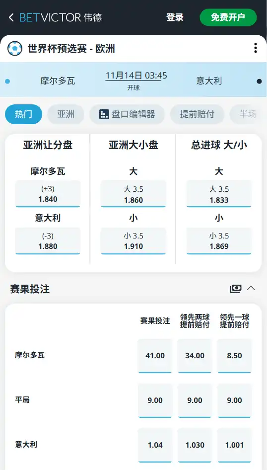 摩尔多瓦 - 意大利 - 世界杯预选赛赔率盘口-伟德(betvictor)提供
