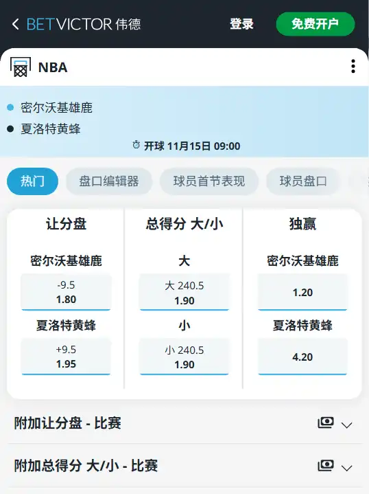 雄鹿 vs 黄蜂-博彩赔率和盘口信息由伟德(betvictor)提供