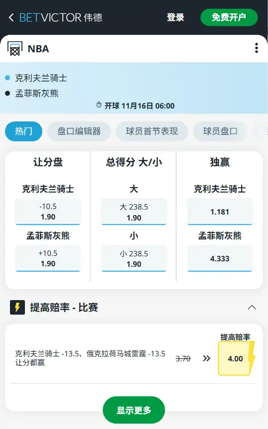 骑士 vs 灰熊-NBA常规赛-博彩赔率和盘口信息由伟德(betvictor)提供