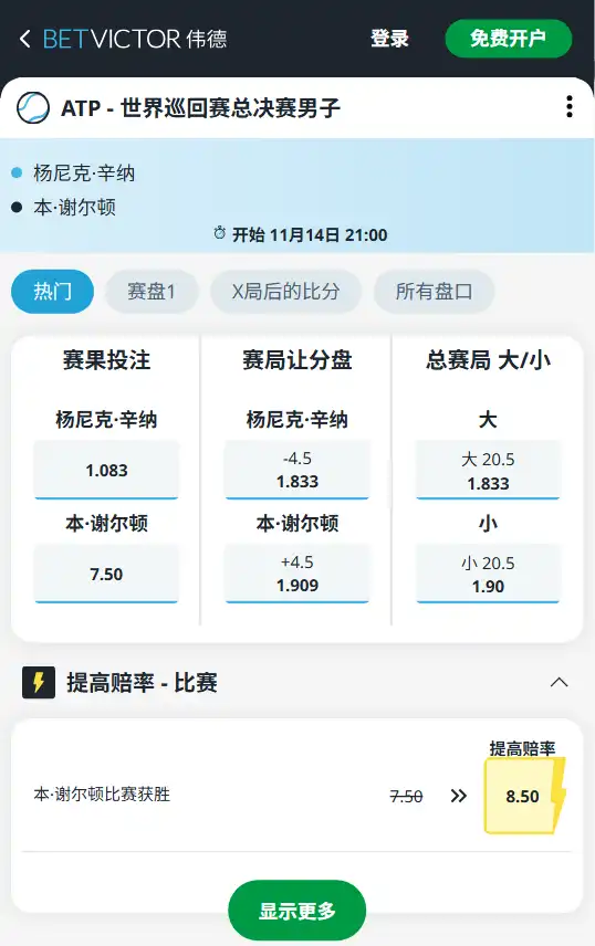 辛纳 vs 谢尔顿 | ATP年终总决赛小组赛-博彩赔率和盘口信息由伟德(betvictor)提供