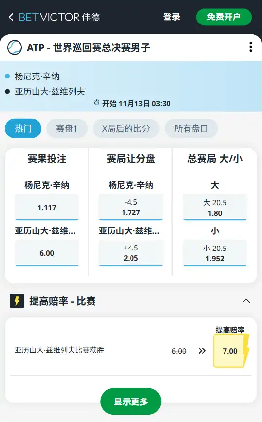 辛纳 vs 兹维列夫|ATP年终总决赛赔率和盘口信息由伟德(betvictor)提供
