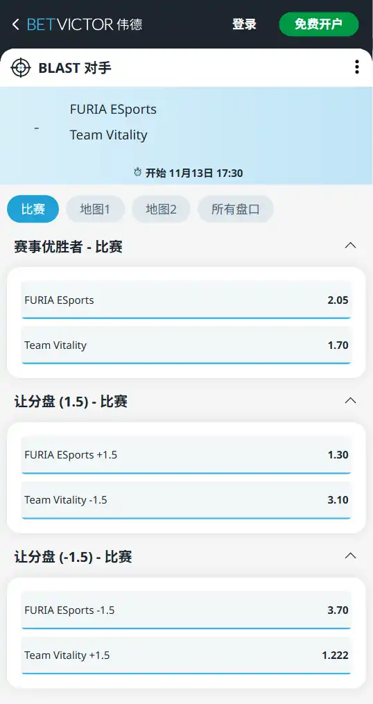 FURIA vs Vitality | BLAST Rivals 秋季赛2025赔率和盘口来自伟德(betvictor)