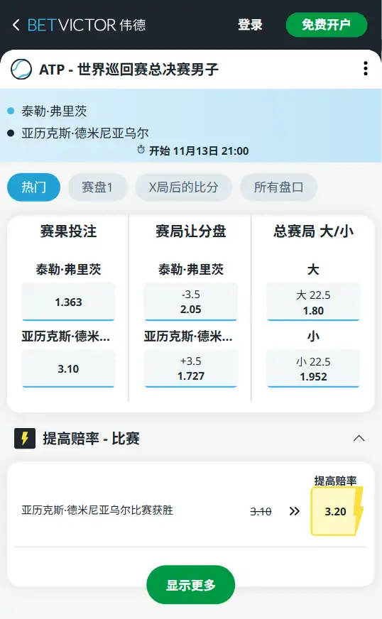 弗里茨 vs 德米纳尔｜ATP年终总决赛赔率信息由伟德(betvictor)提供