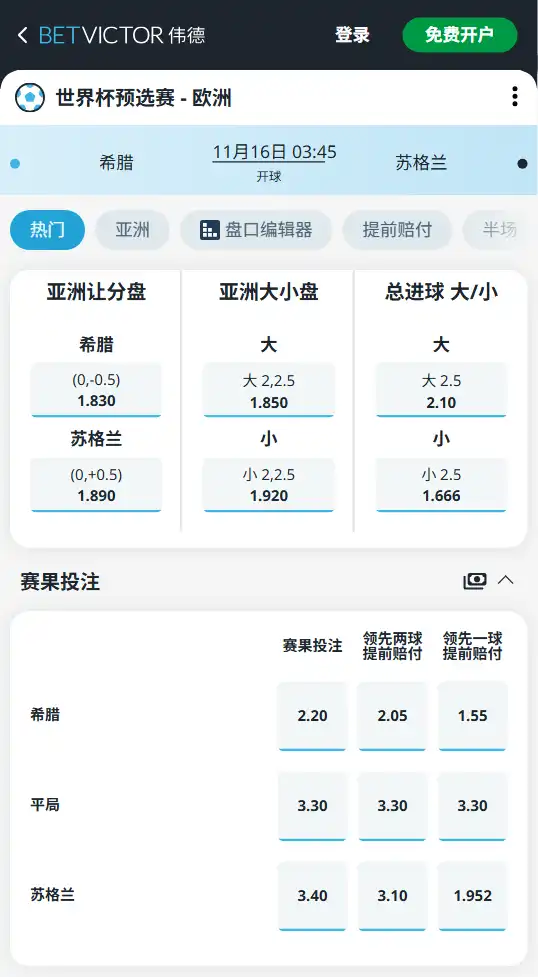 世预赛欧洲区|希腊 vs 苏格兰-博彩赔率和盘口信息由伟德(betvictor)提供