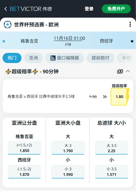 世预赛欧洲区|格鲁吉亚 vs 西班牙-博彩赔率和盘口信息由伟德(betvictor)提供