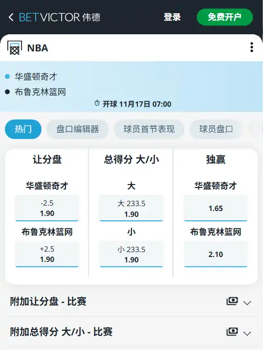 奇才 vs 篮网|NBA常规赛博彩赔率和盘口信息由伟德(betvictor)提供